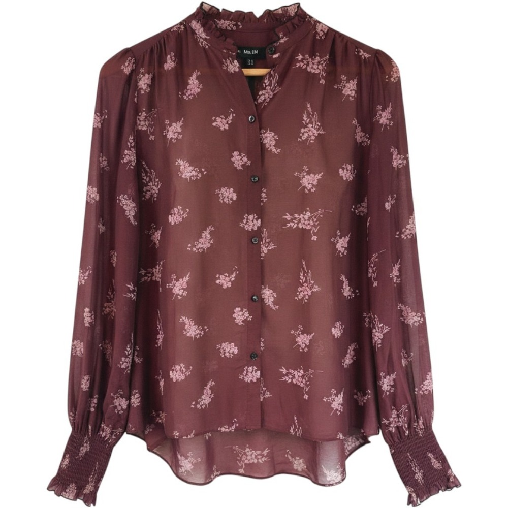 NWT ME+EM Silk Cotton Floral Blouse Rum Raisin Ruffle Smocked Romantic Luxury 8